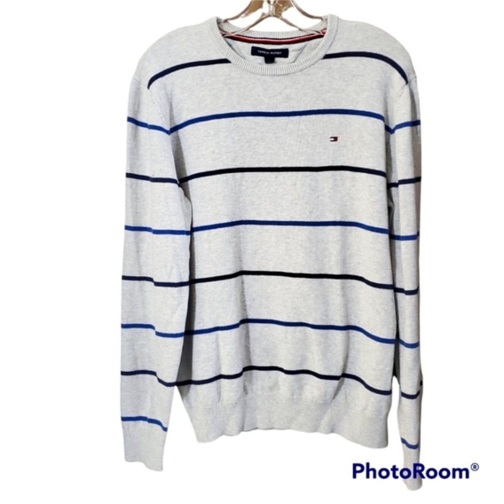 Tommy Hilfiger grey navy striped cotton knit crewneck sweater size medium